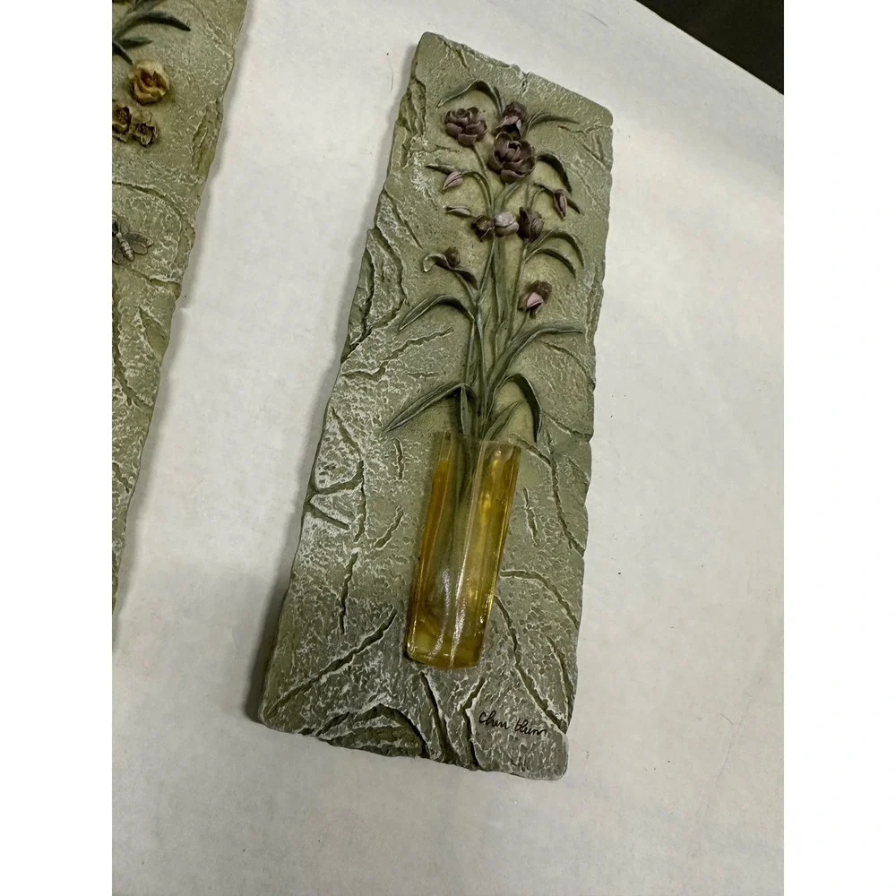 Vintage Chen Chiun Floral Wall Plaques Set of 2 Resin 3D Flower Art Sage Green